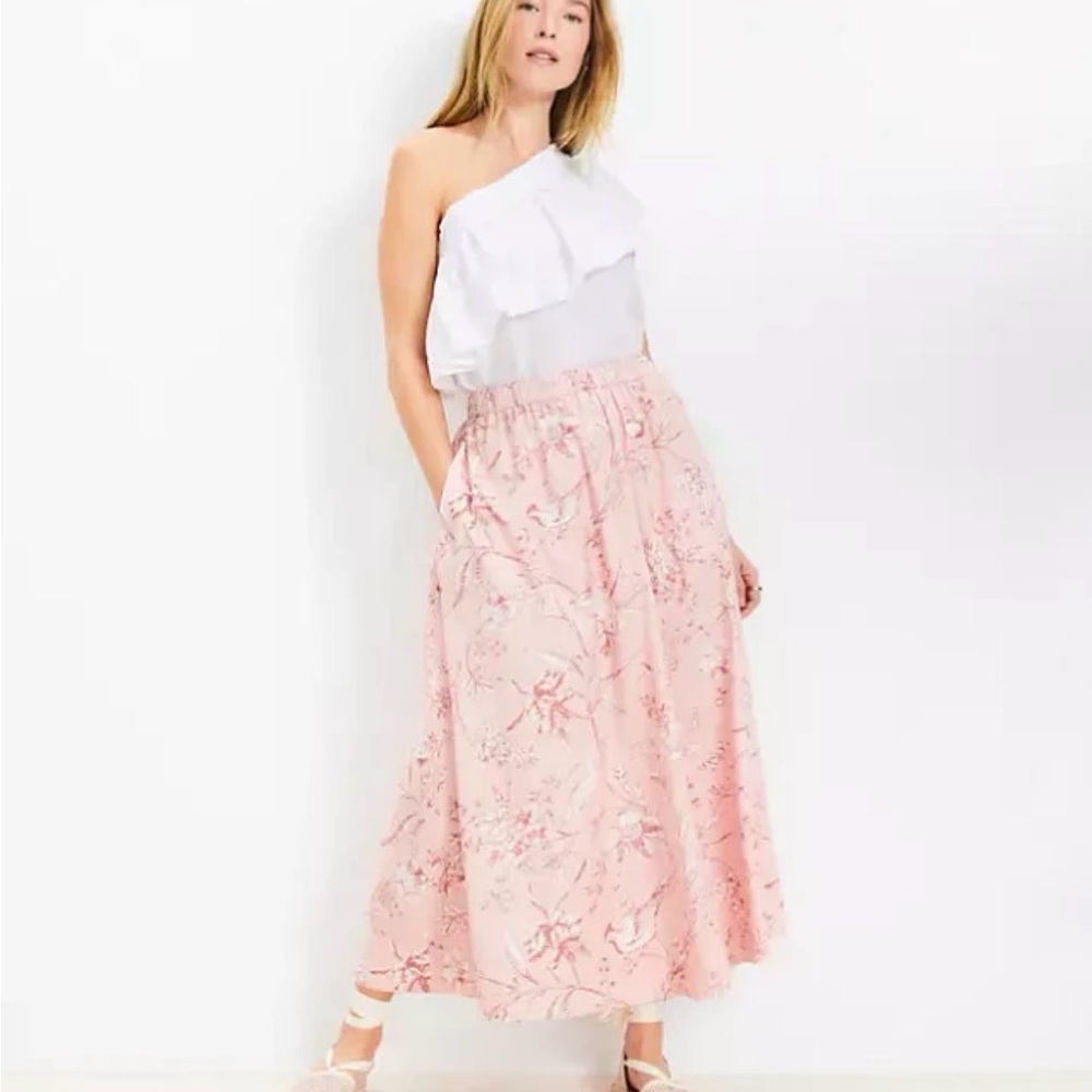 LOFT Bird Toile Blush Floral Maxi Skirt XXS